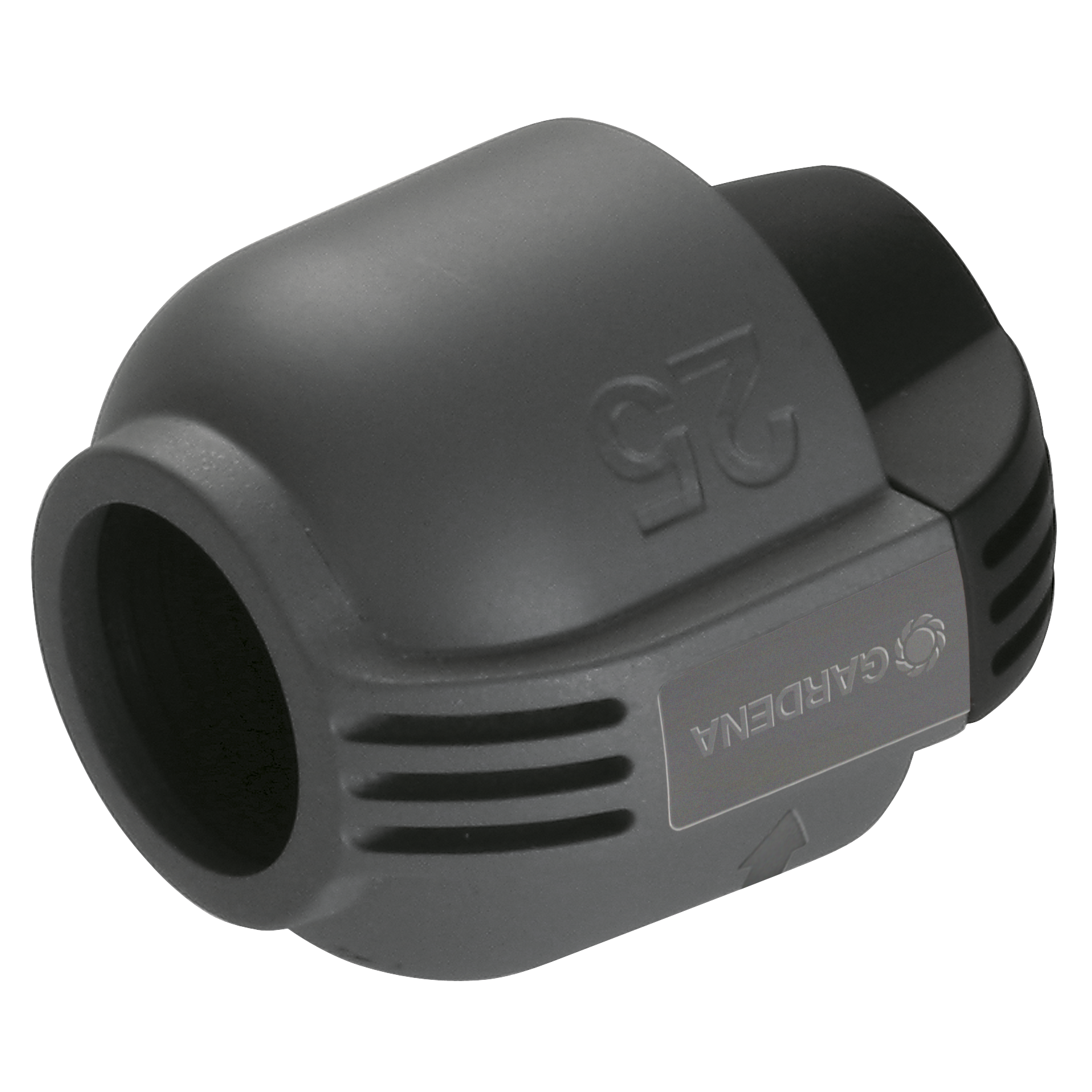 Gardena garden hose connector with 25mm marking, side view.