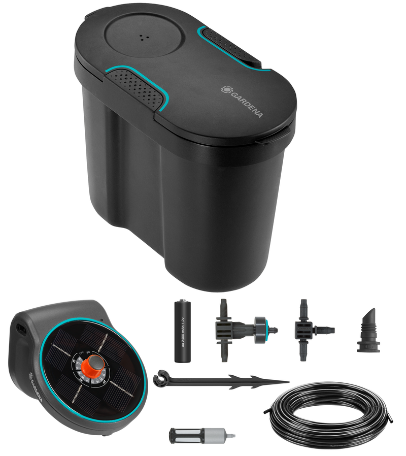 Gardena irrigation system components including a water control unit, hose, and connectors., Tuingereedschap bij Vijvercentrum