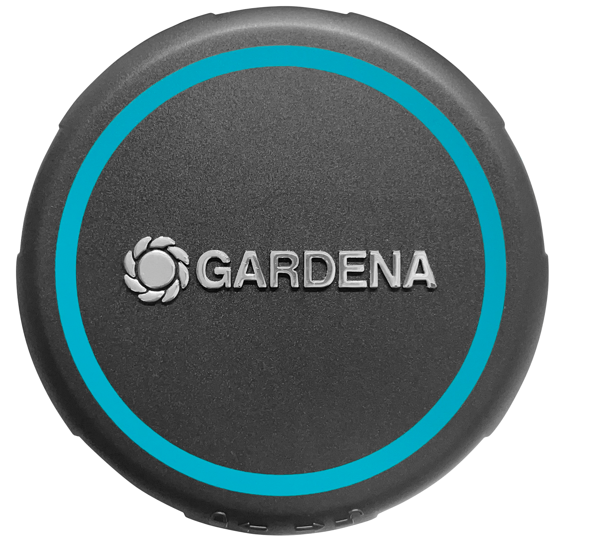 Front view of a Gardena branded device with a circular design.
