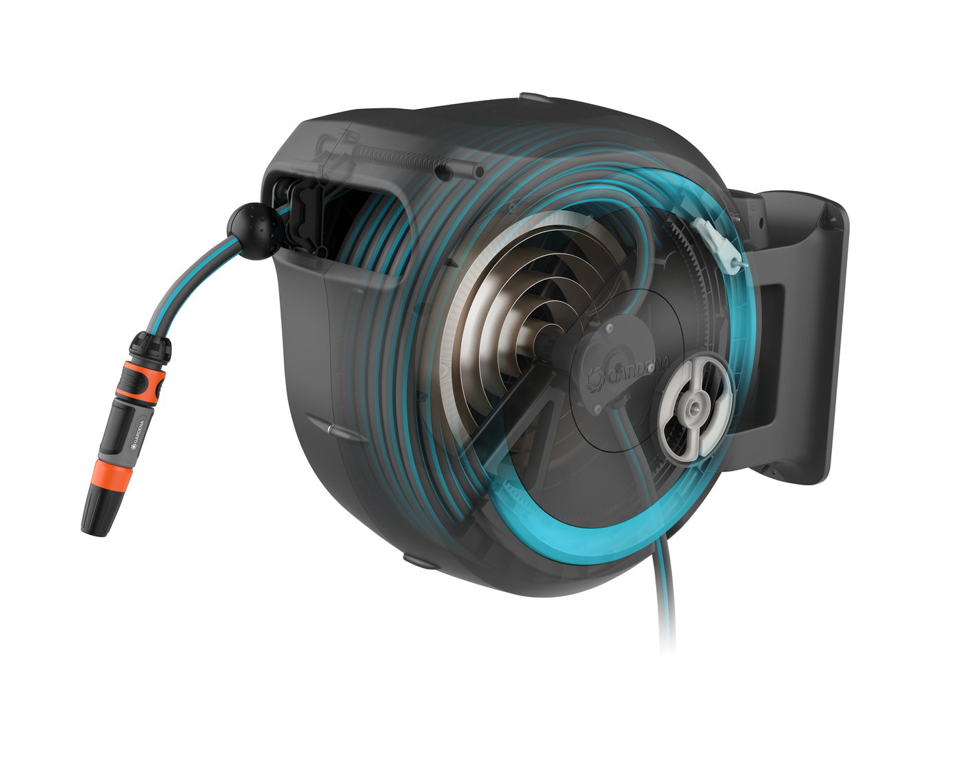 Side view of a Gardena hose reel with visible internal mechanism.