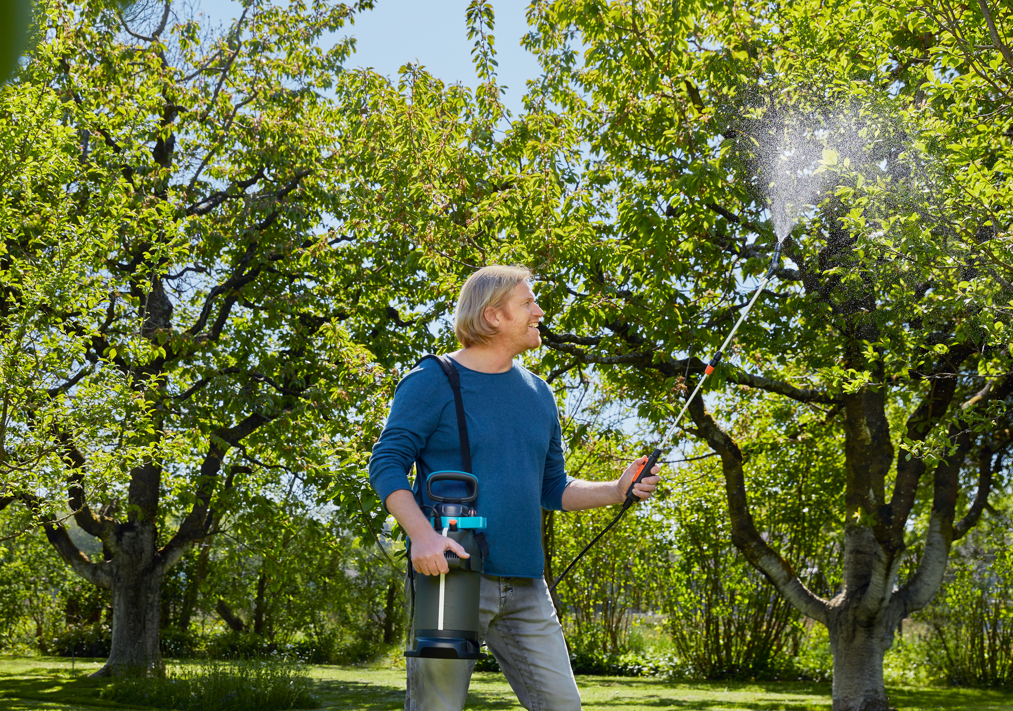 A person using a garden sprayer to water trees in a lush garden.