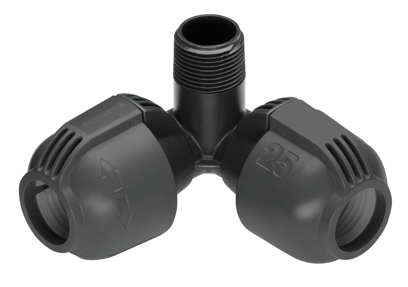 Gardena T-shaped connector with threading, designed for irrigation systems.