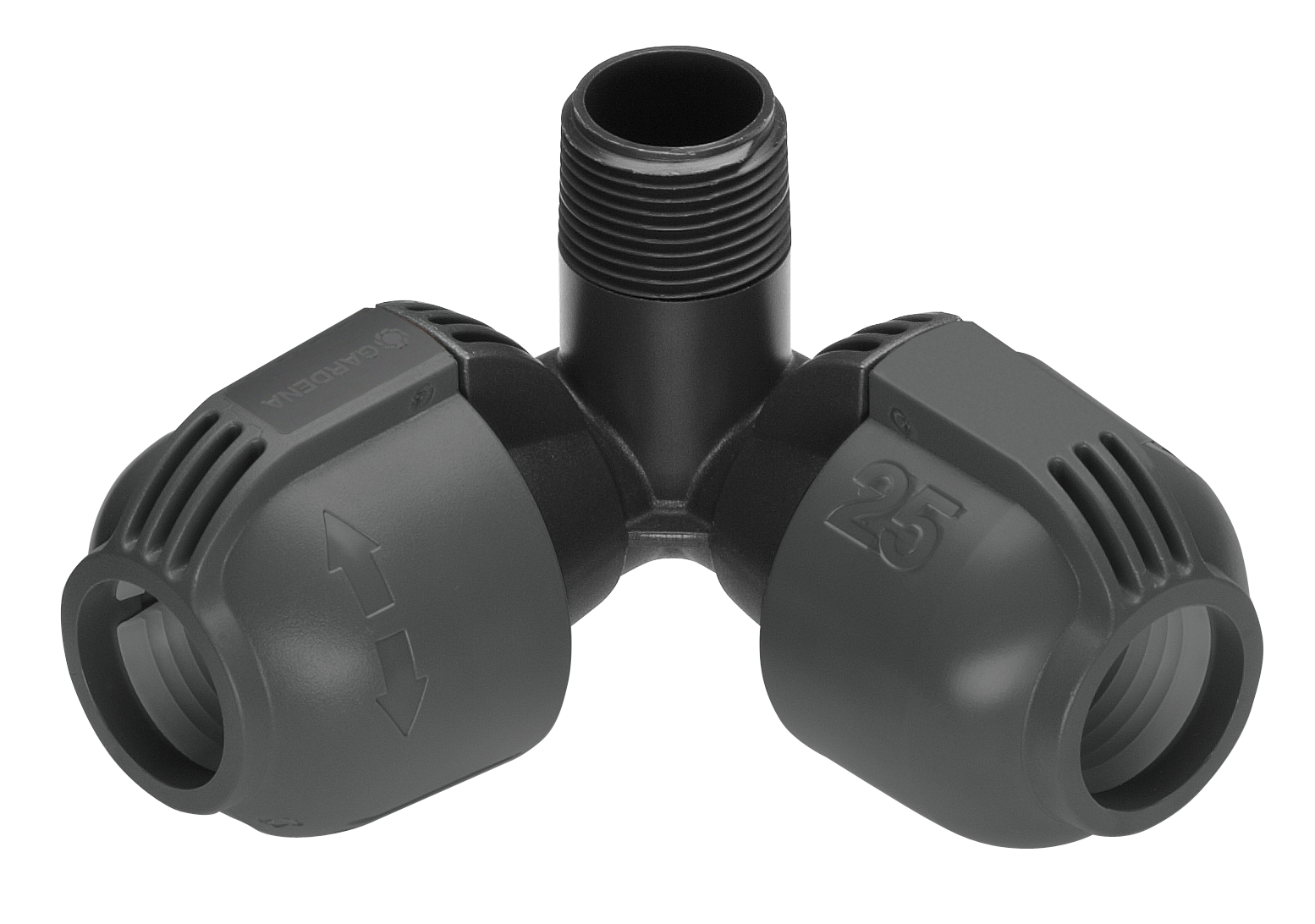 Gardena T-shaped connector with threading, designed for irrigation systems.