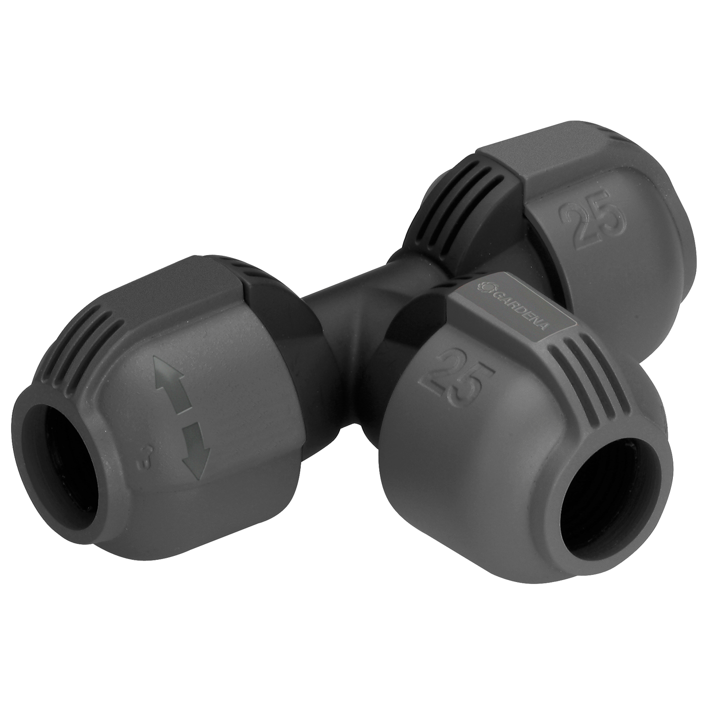 Front view of a Gardena pipe connector with visible size markings.