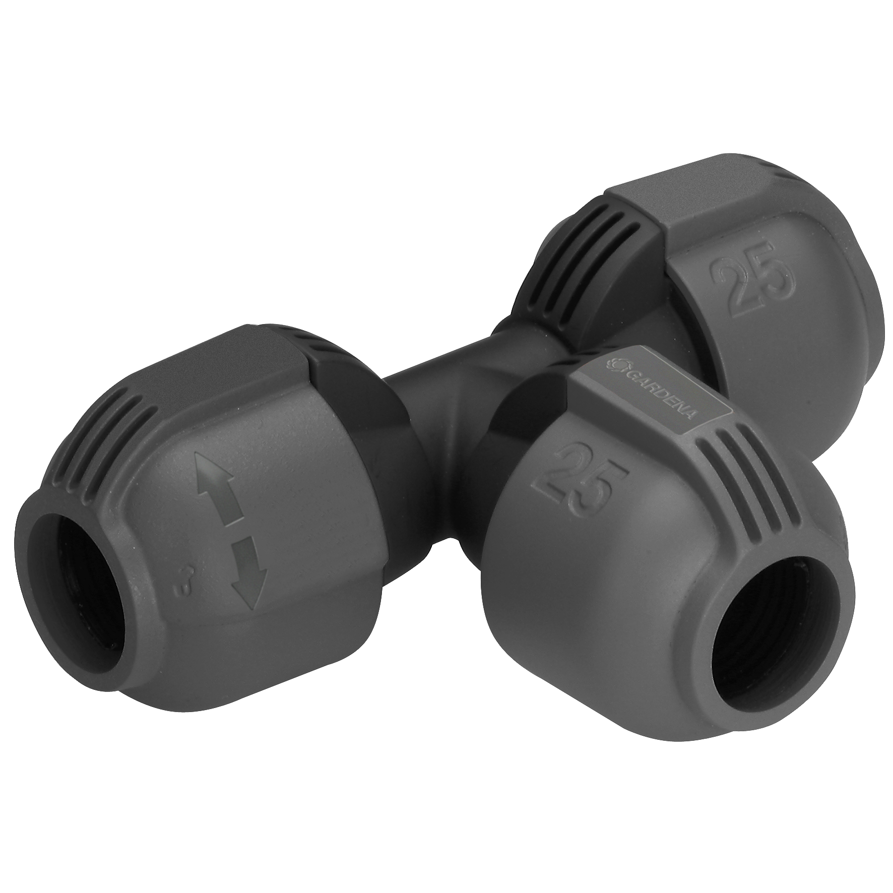 Front view of a Gardena pipe connector with visible size markings.