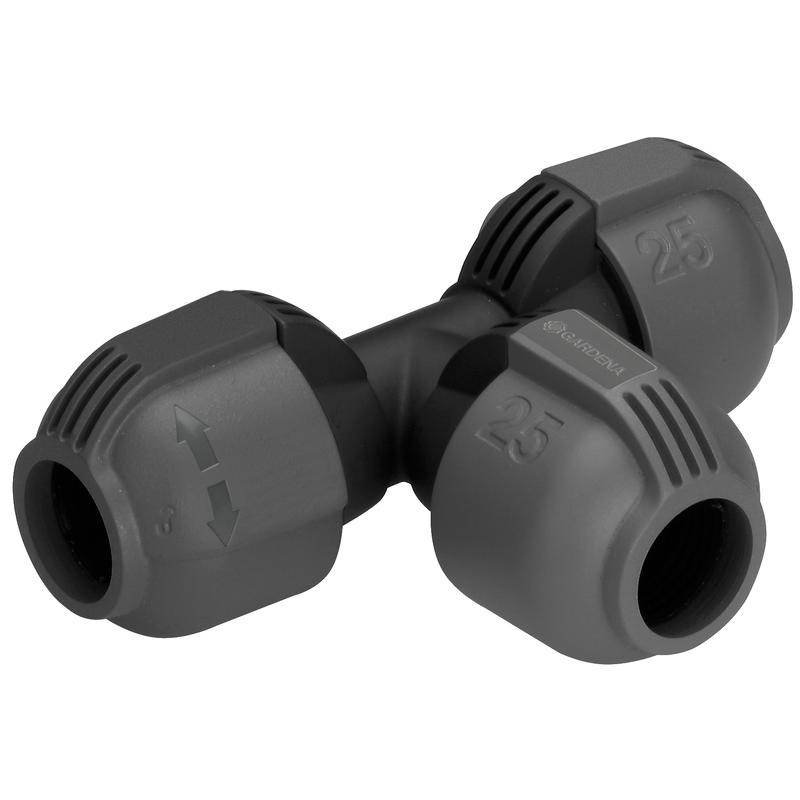 Front view of a Gardena pipe connector with visible size markings., PVC Hulpstuk bij Vijvercentrum