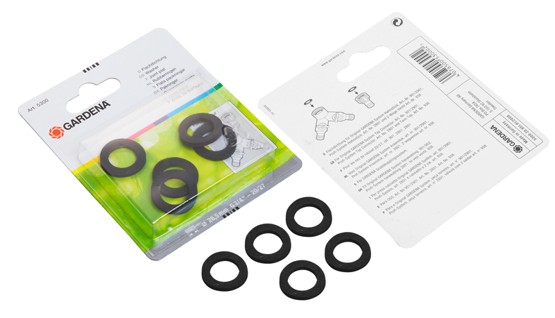 Gardena hose connector washers displayed in packaging and loose on a surface., Tuinaccessoire bij Vijvercentrum