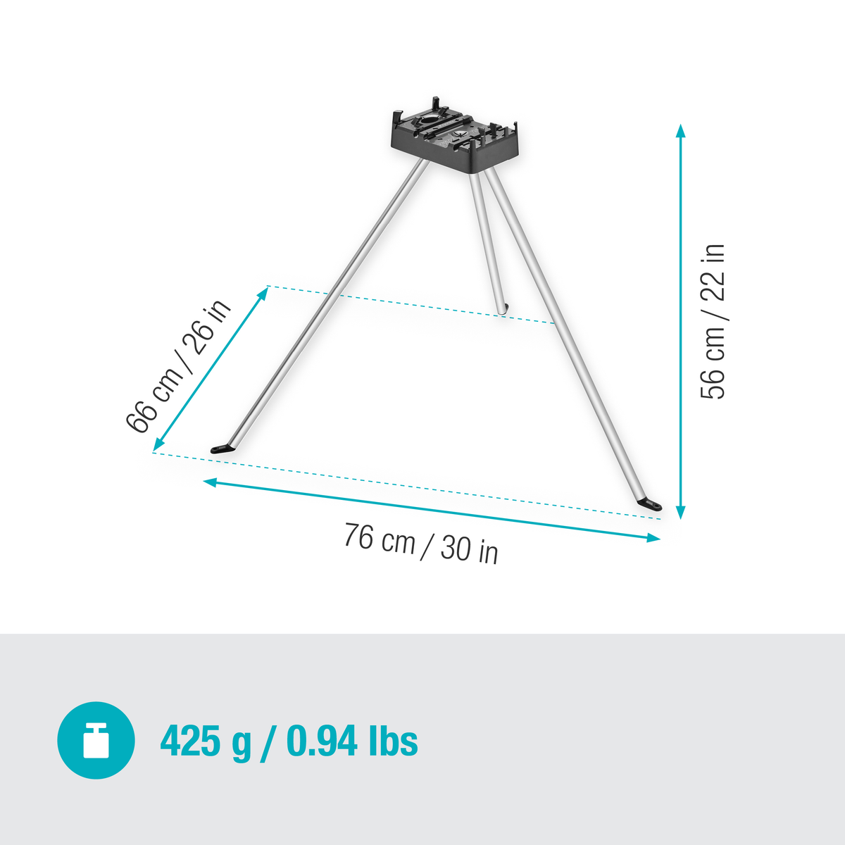 A tripod stand with measurements indicated for height and width.
