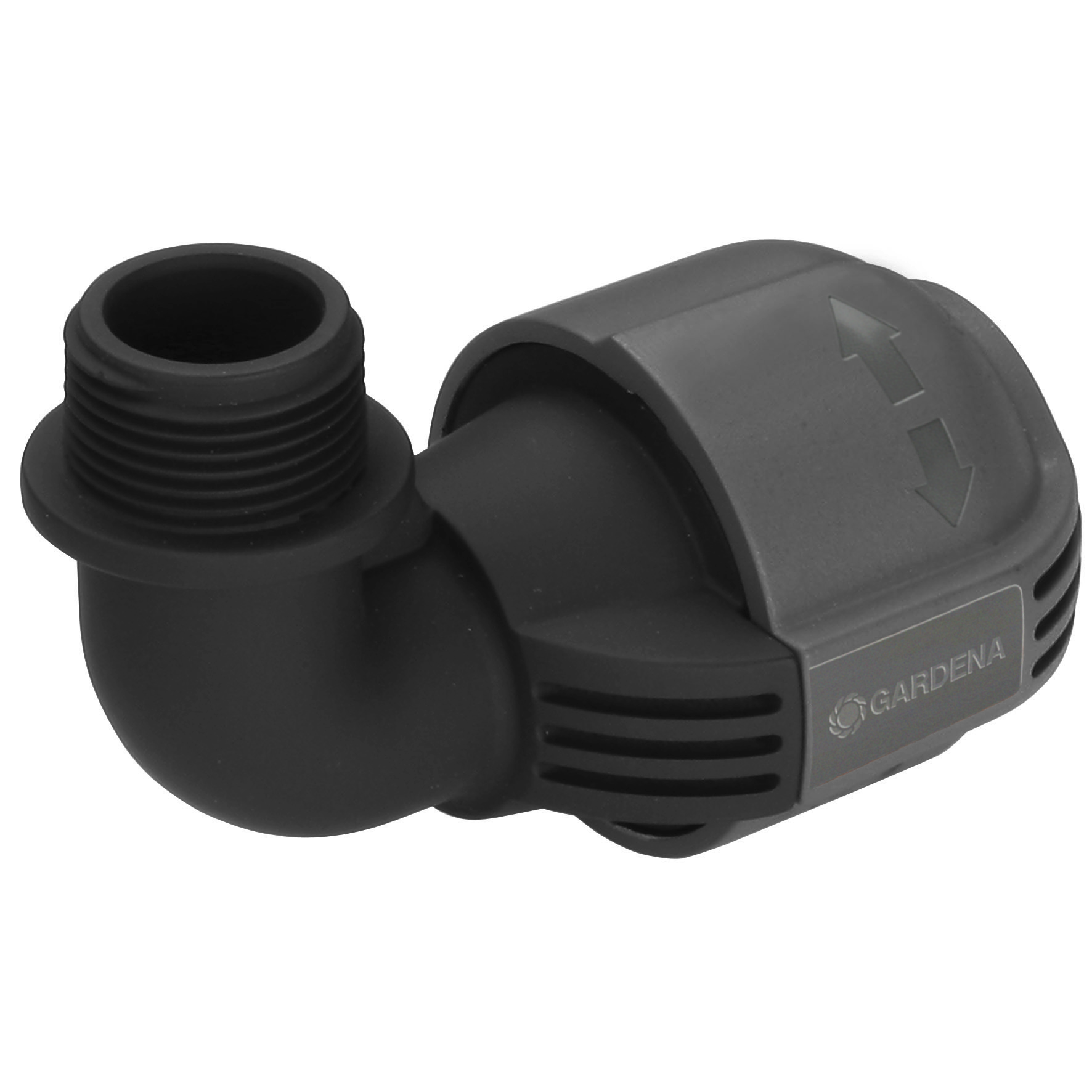 Gardena irrigation connector with threaded end, designed for efficient water flow.