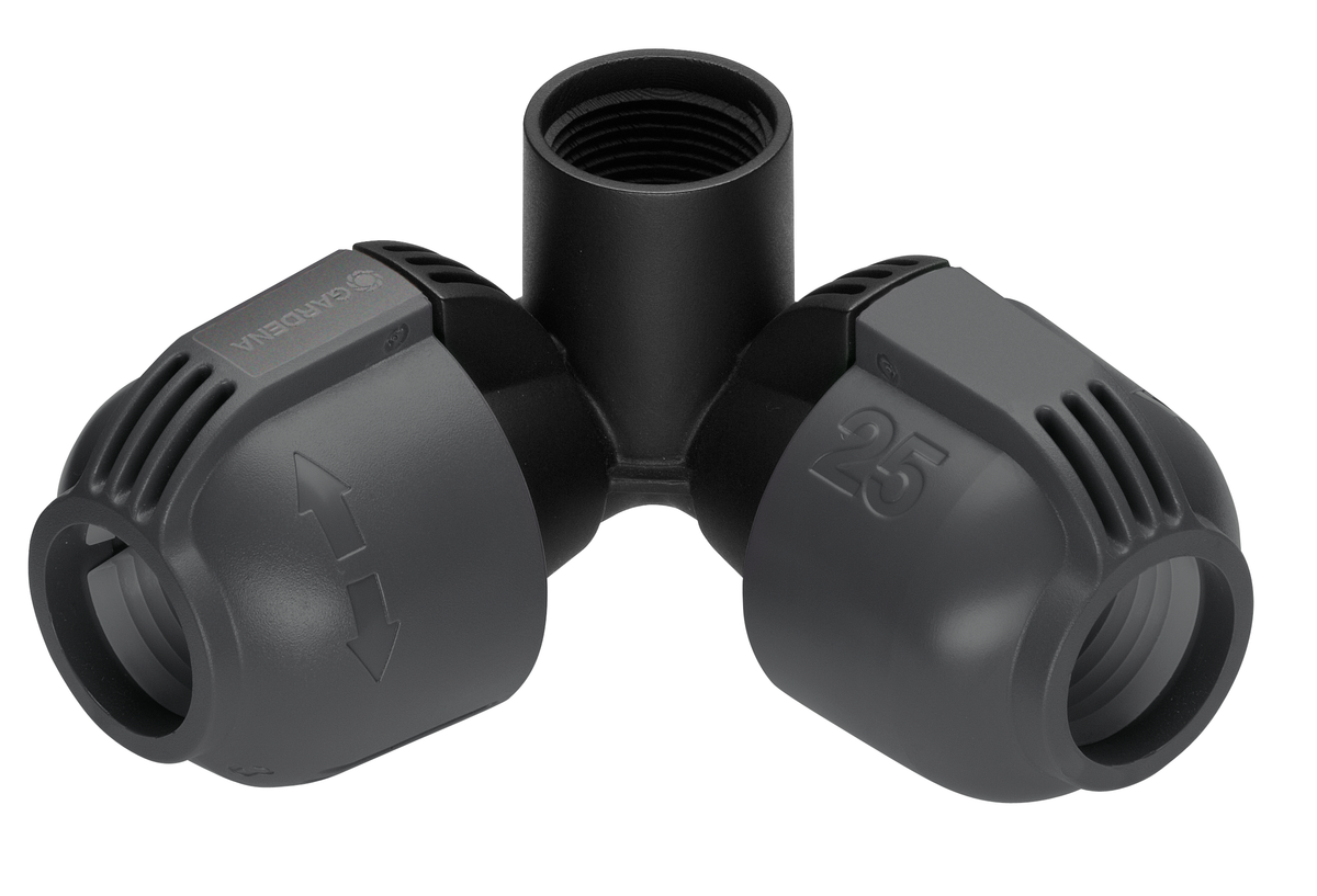 Studio image of Gardena irrigation pipe connectors, including a T-joint and two end caps.