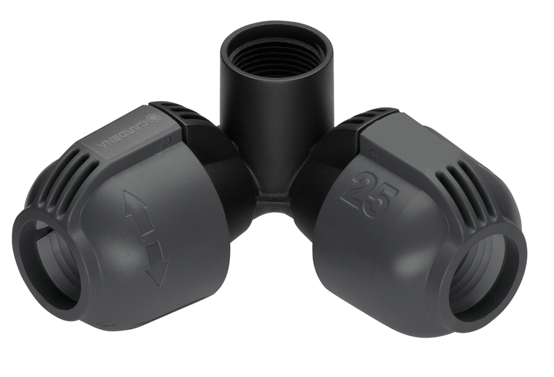 Studio image of Gardena irrigation pipe connectors, including a T-joint and two end caps., Tuingereedschap bij Vijvercentrum