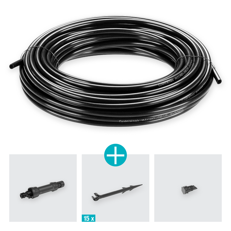 Gardena micro-drip irrigation system components including a coil of tubing, connectors, and stakes., Onderhoudsproduct bij Vijvercentrum