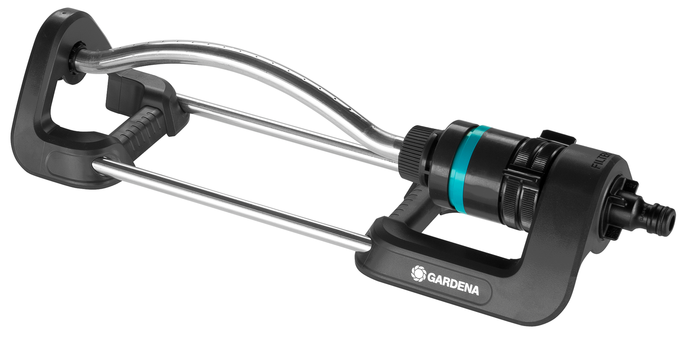 Front view of a Gardena garden sprinkler with adjustable settings.