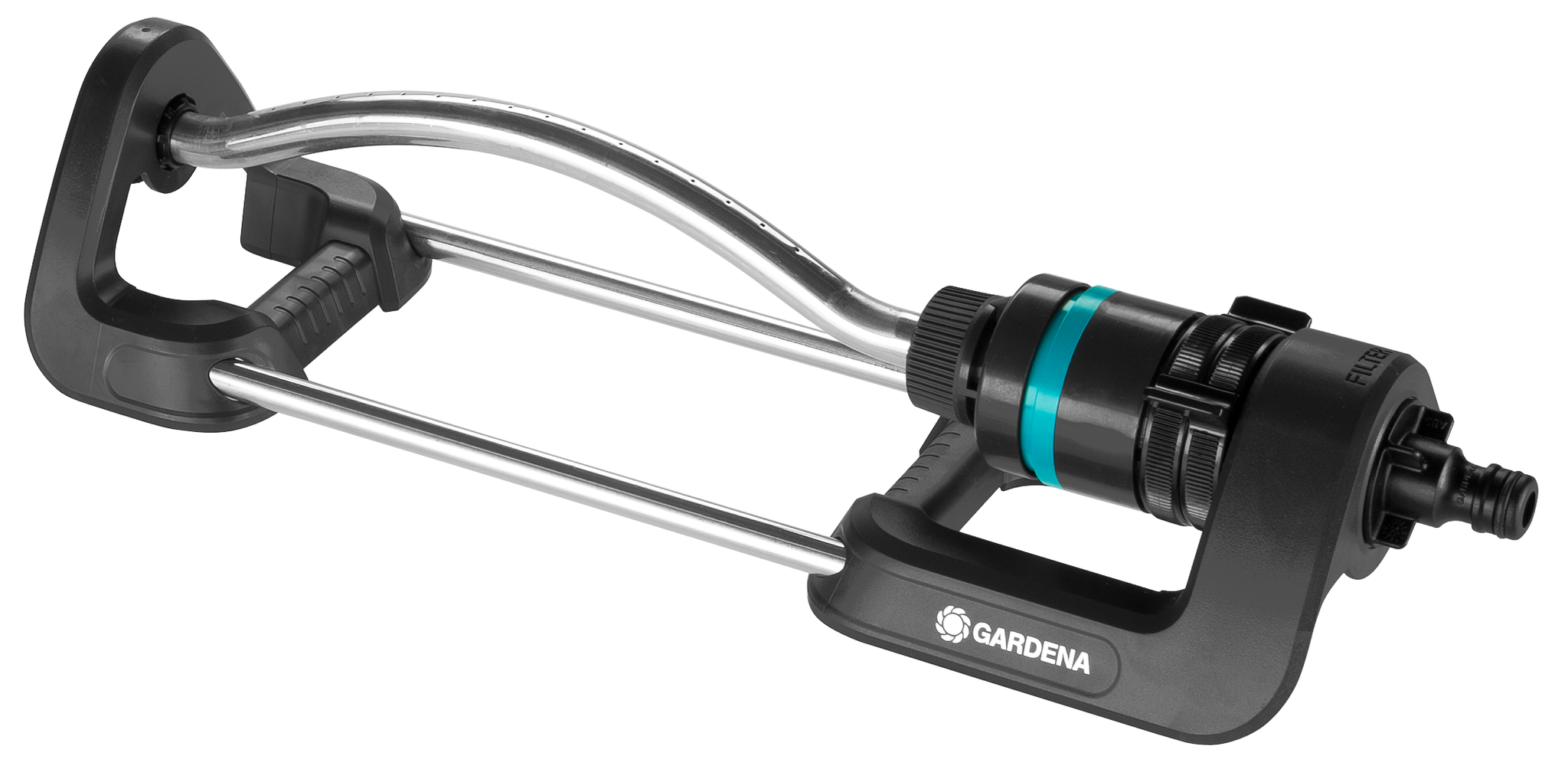 Front view of a Gardena garden sprinkler with adjustable settings.