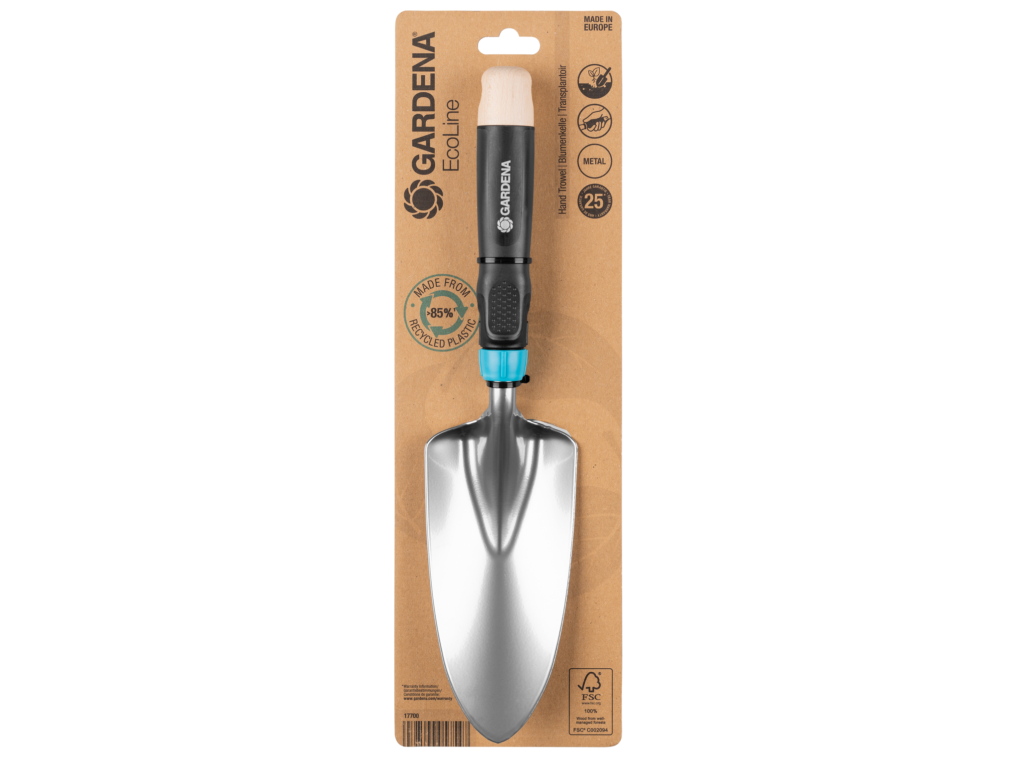 Front view of a Gardena EcoLine hand trowel in packaging, showcasing its metal blade and ergonomic handle.