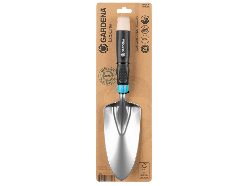Front view of a Gardena EcoLine hand trowel in packaging, showcasing its metal blade and ergonomic handle., afbeelding 3 Tuingereedschap