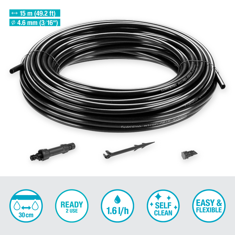 A coiled Gardena irrigation hose with connectors and accessories, labeled with specifications., afbeelding 2 Onderhoudsproduct