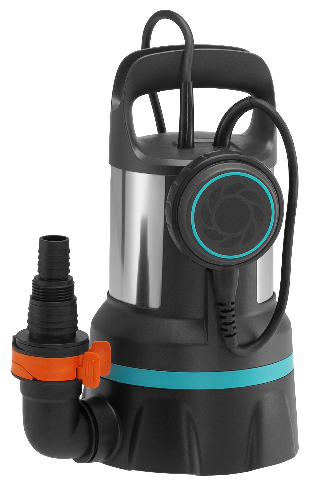 Front view of a submersible water pump with a handle and hose attachment.