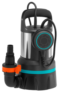 Front view of a submersible water pump with a handle and hose attachment., miniatuur 2
