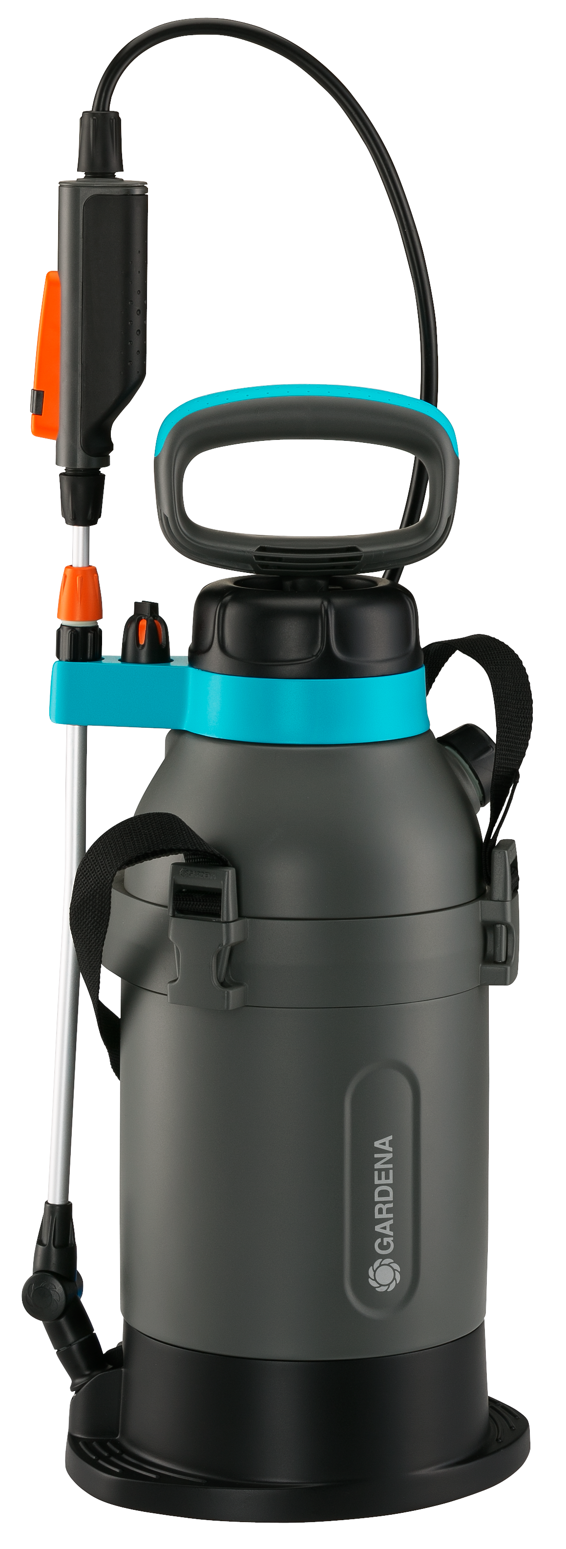 Front view of a Gardena garden sprayer with adjustable nozzle and ergonomic handle.
