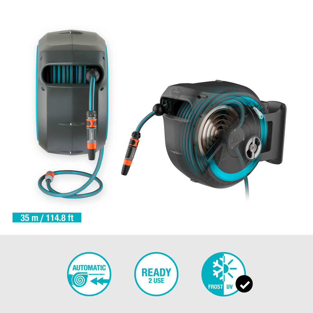 Wall-mounted automatic hose reel with frost and UV protection, ready to use.