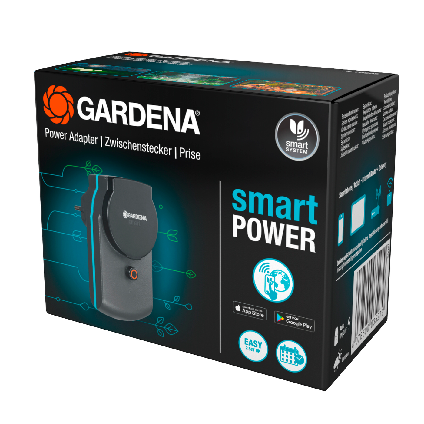 Gardena smart power adapter packaging with product image and features highlighted.