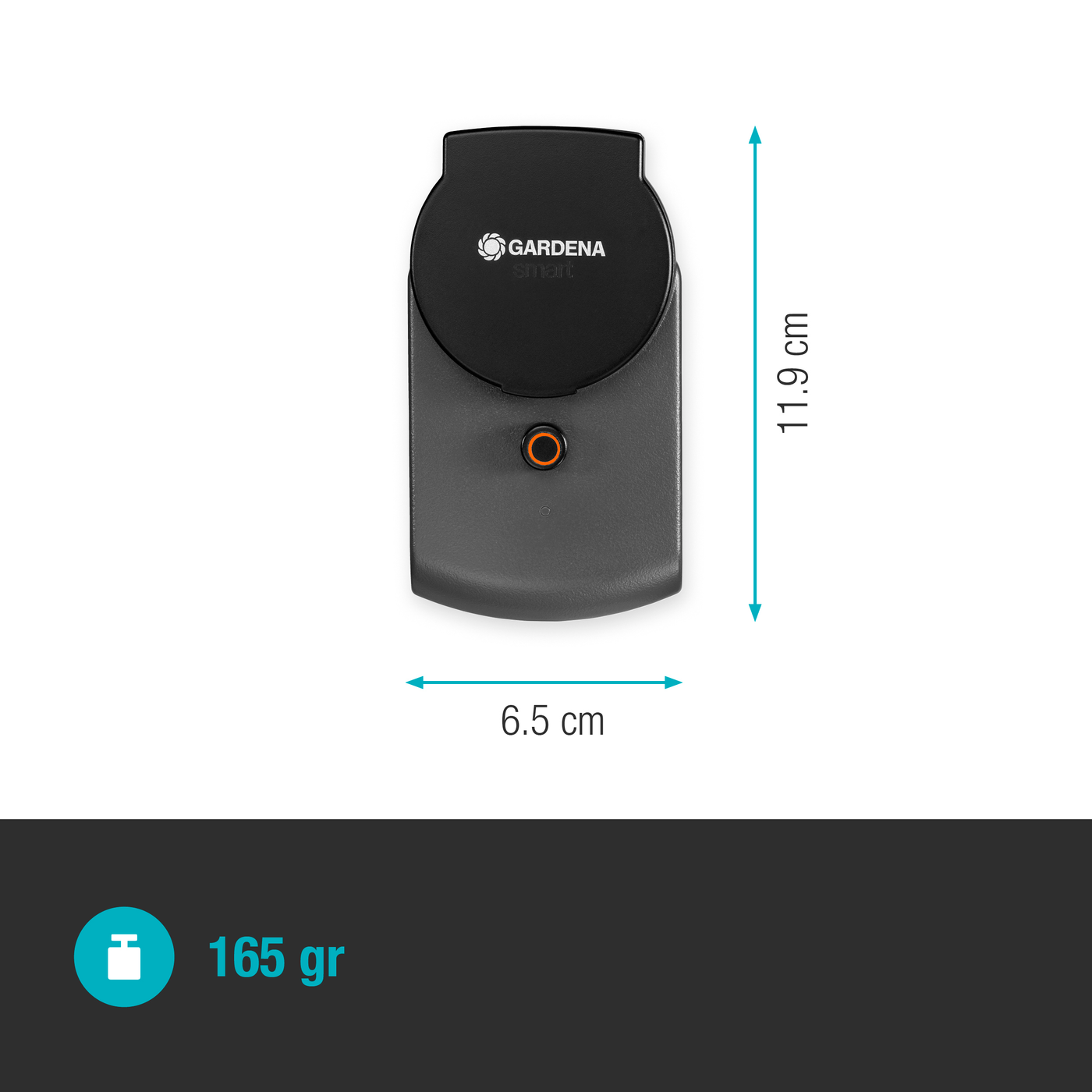Front view of a Gardena sensor with dimensions displayed.