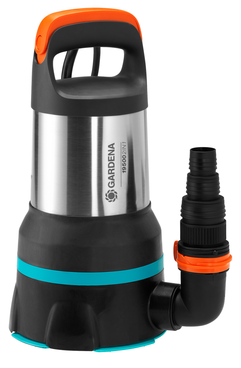 Front view of a Gardena submersible pump with a stainless steel body and ergonomic handle., Vijverpomp bij Vijvercentrum