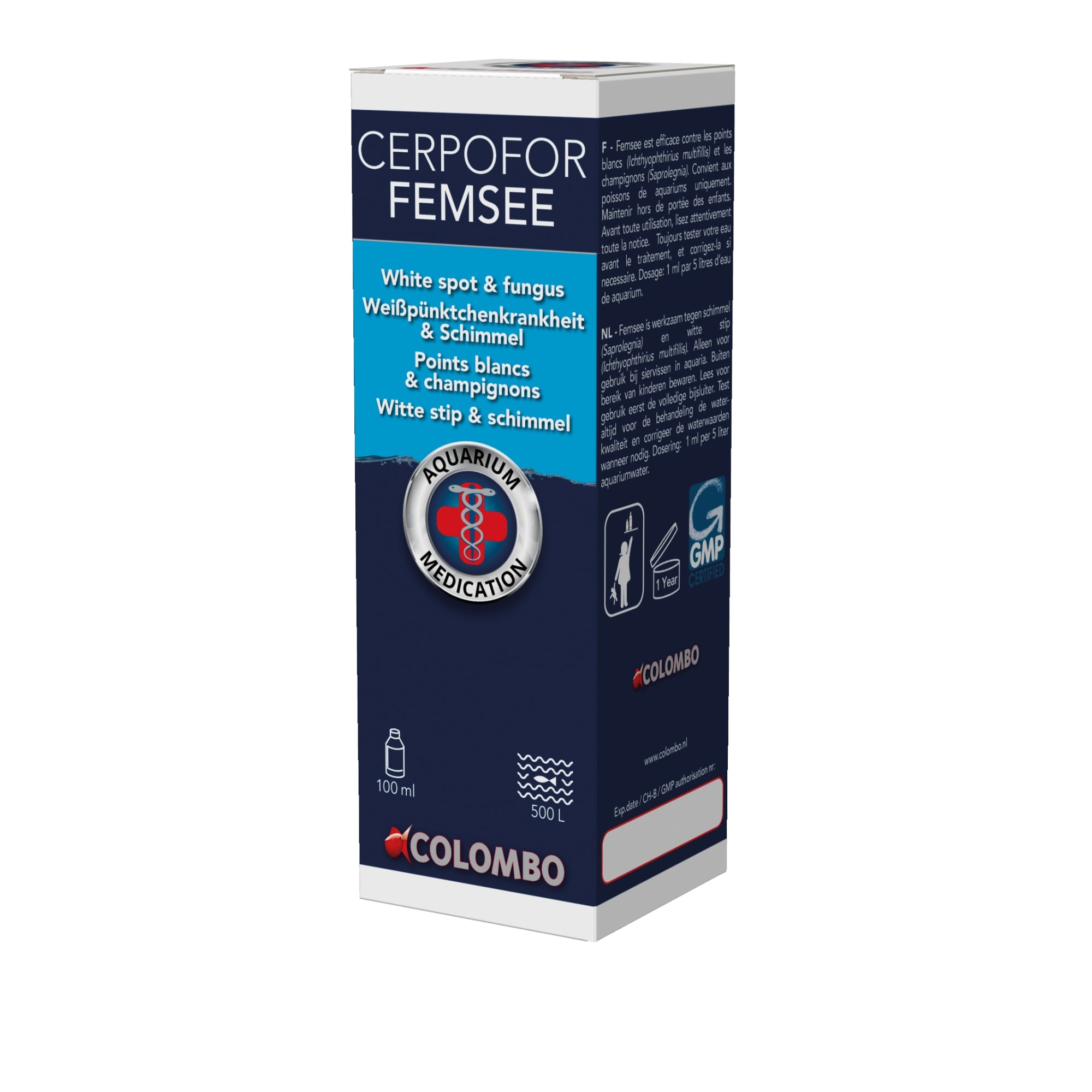 Colombo Cerpofor Femsee 100 ml - Behandeling tegen schimmelinfecties bij vissen - 8715897026768 CERPOFOR FEMSEE 100 ML 500 L 3D