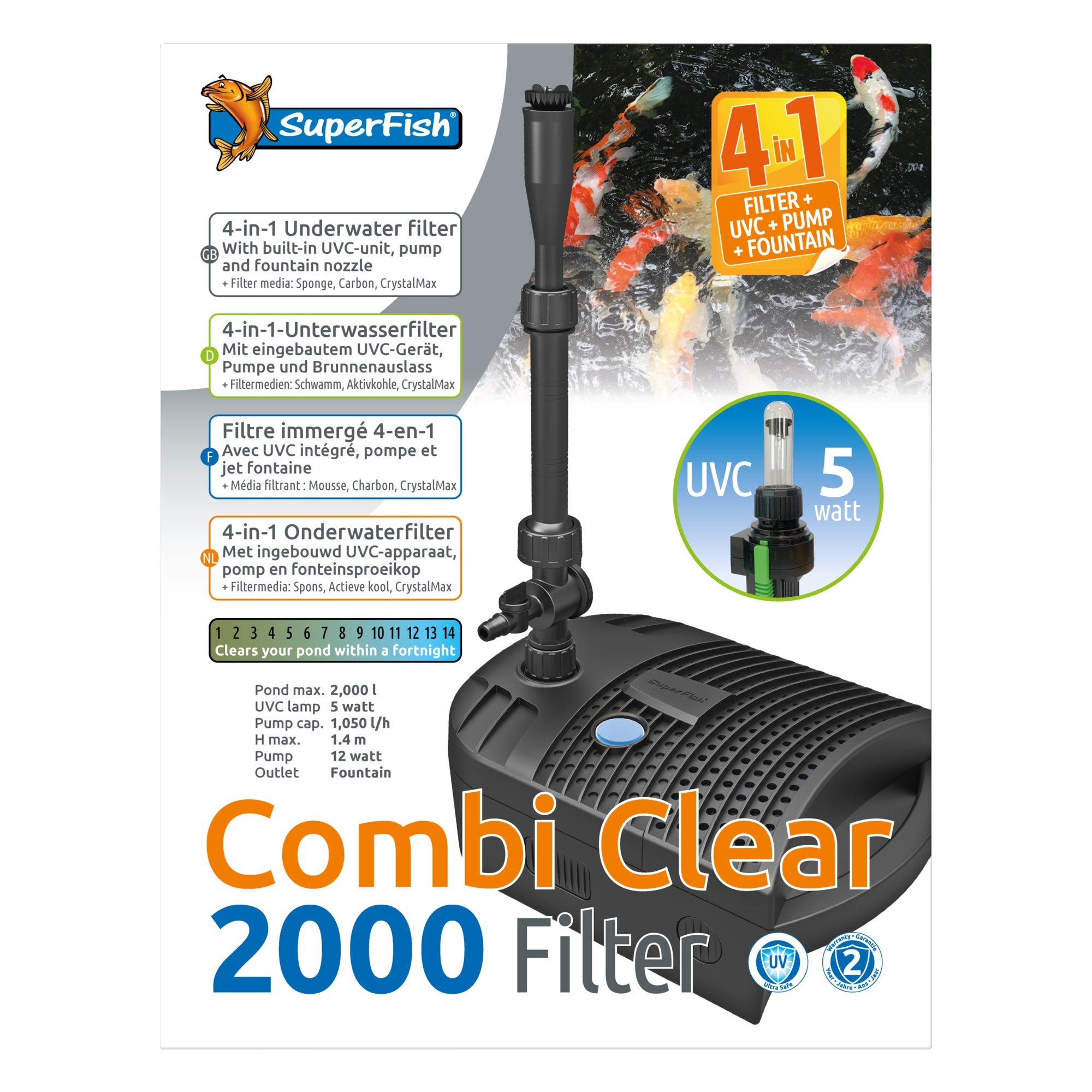 Superfish Combi Clear 2000 4-in-1 onderwaterfilter met UVC en fontein - 4-in-1 onderwaterfilter: pomp, UVC, filter en fontein