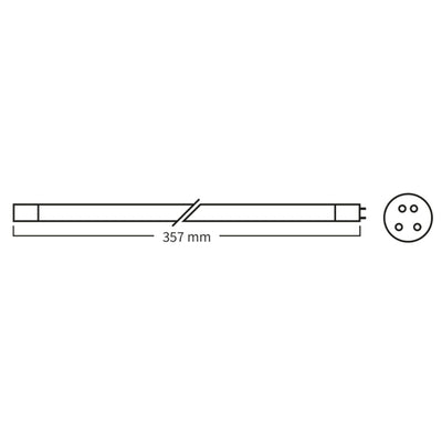 Technische tekening UV-C lamp 40W amalgaam, 357 mm, eindkap met vier pinnen: twee dicht bij elkaar, twee verder uit elkaar