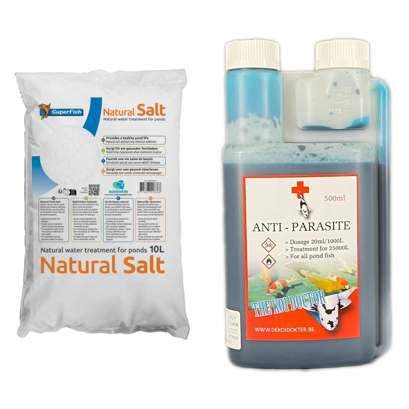 Zoutkuurset - De Koidokter Anti-Parasiet 500 ml + Superfish Vijver Natuurzout 10 liter