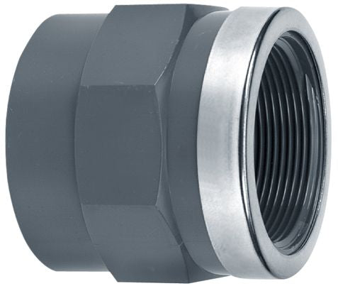 Aquaforte PVC Schroefbus 63 mm x 2" binnendraad met RVS ring - Versterkte overgang, afbeelding 2 PVC Hulpstuk