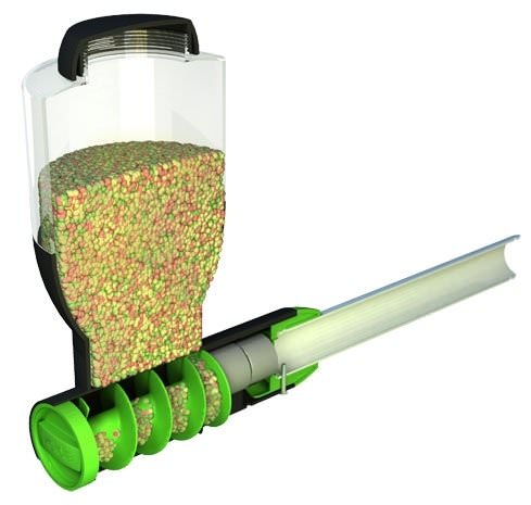 Doorsnede van de Velda Fish Feeder Basic voercontainer en doseerschroef
