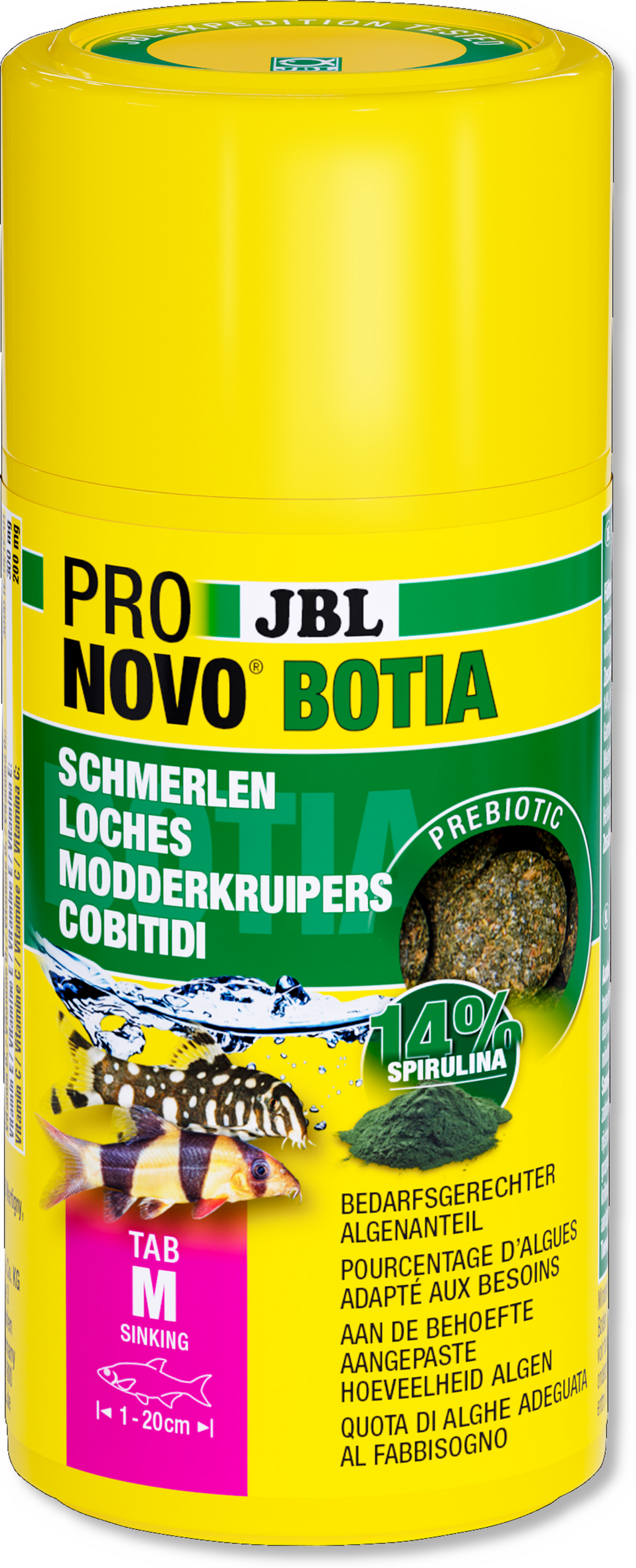 JBL ProNovo Botia Tab M Modderkruiper Voedertabletten 100ml - Packshot detail met 14% Spirulina