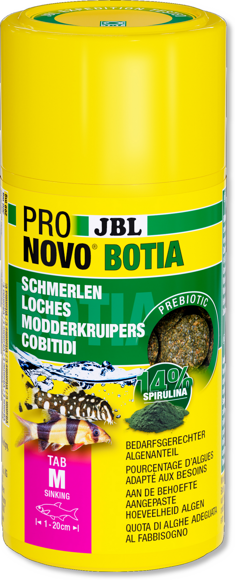 JBL ProNovo Botia Tab M Modderkruiper Voedertabletten 100ml - Packshot detail met 14% Spirulina, Aquariumvoer bij Vijvercentrum