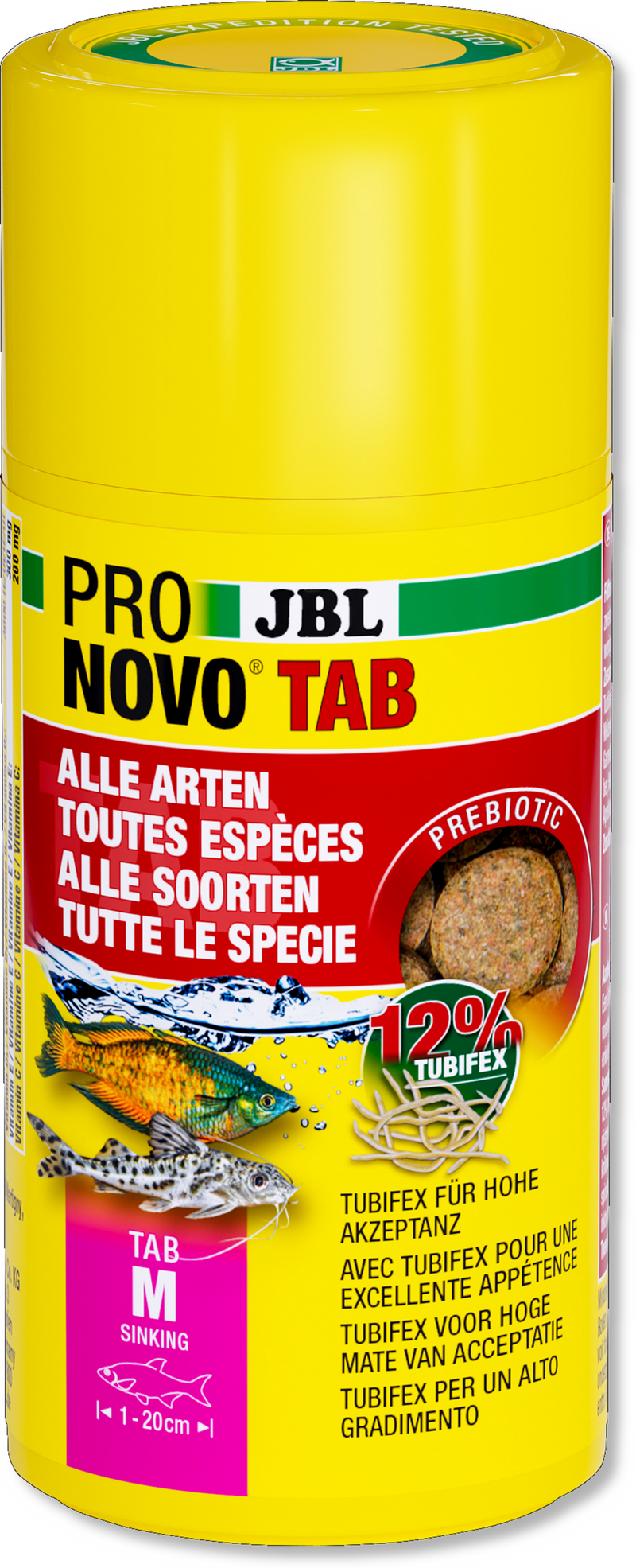 JBL ProNovo Tab M Voedertabletten 100ml (1-20 cm) - Packshot detail met 12% Tubifex, Aquariumvoer bij Vijvercentrum