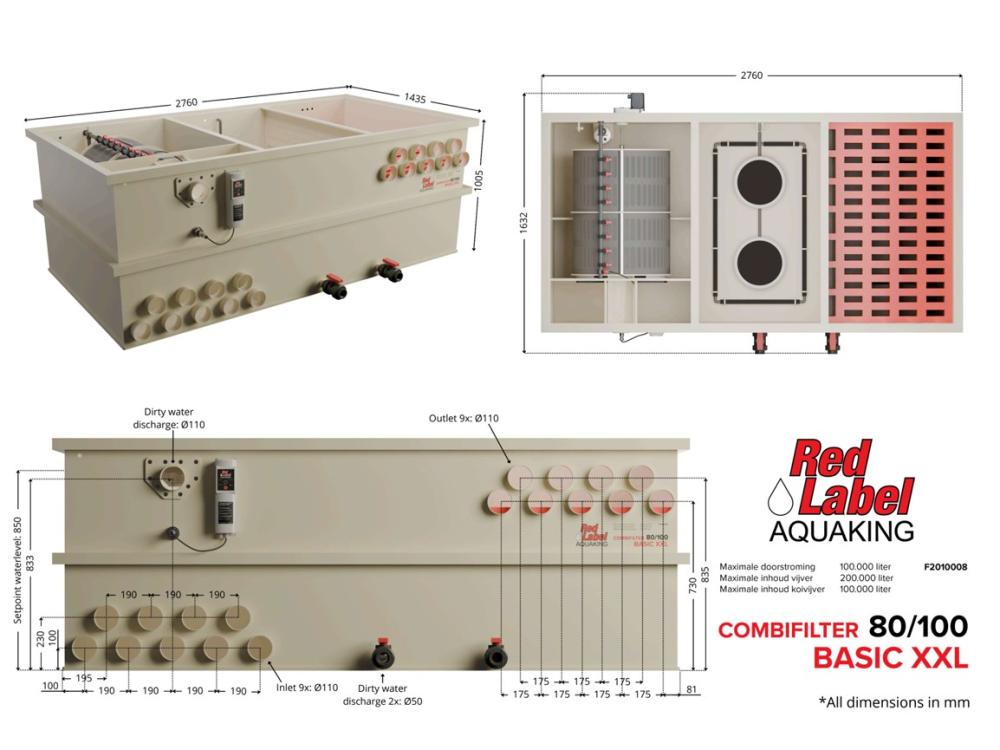 Red Label AquaKing BASIC Combi 80/100 XXL combifilter, technische tekening
