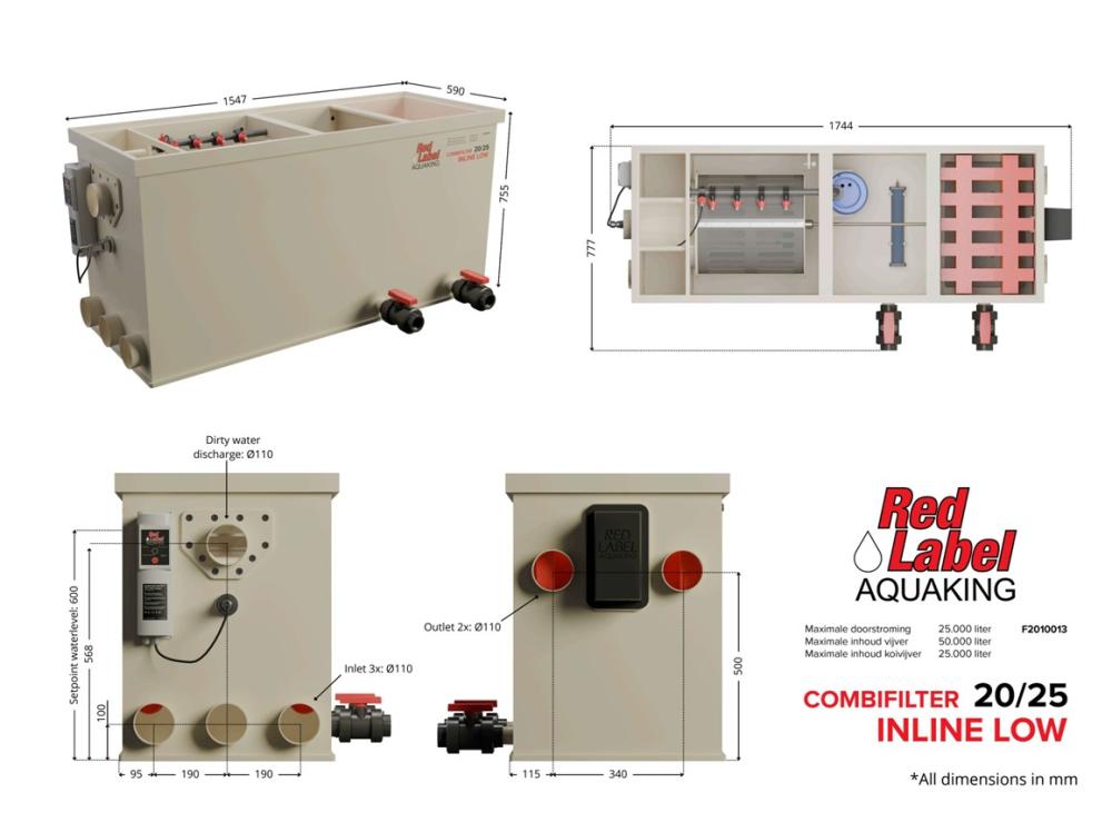 Red Label AquaKing INLINE Combi 20/25 LOW combifilter, technische tekening