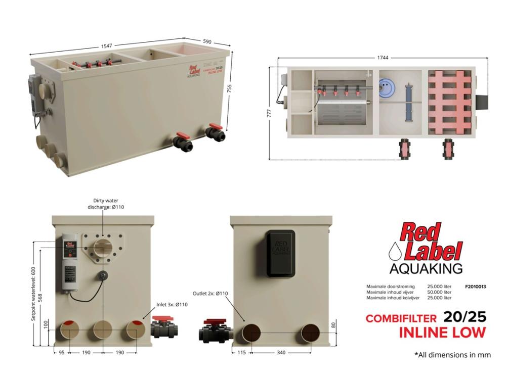 Red Label AquaKing INLINE Combi 20/25 LOW combifilter, technische tekening