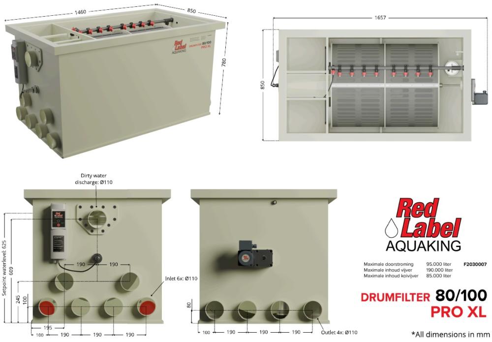 Red Label AquaKing PRO Drum 80/100 XL trommelfilter, technische tekening