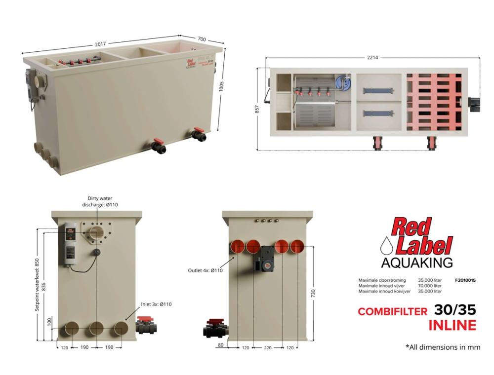 Red Label AquaKing INLINE Combi 30/35 combifilter, technische tekening