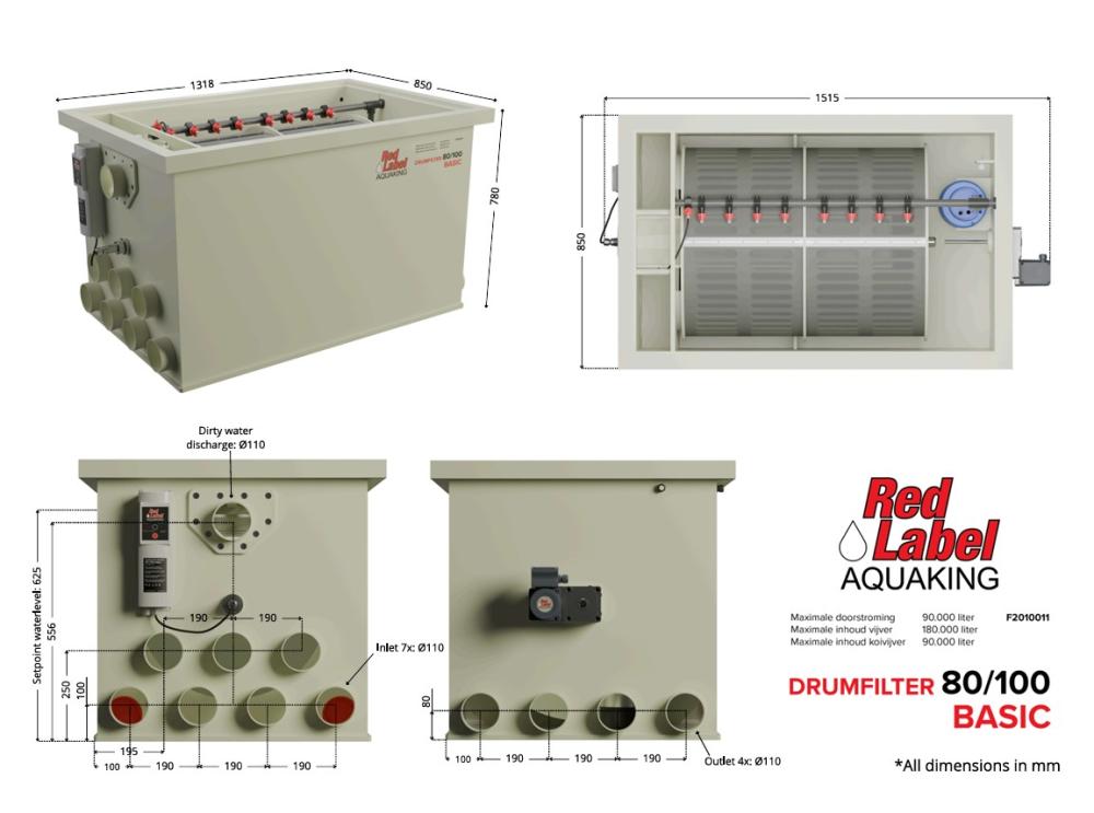 Red Label AquaKing BASIC Drum 80/100 trommelfilter, technische tekening