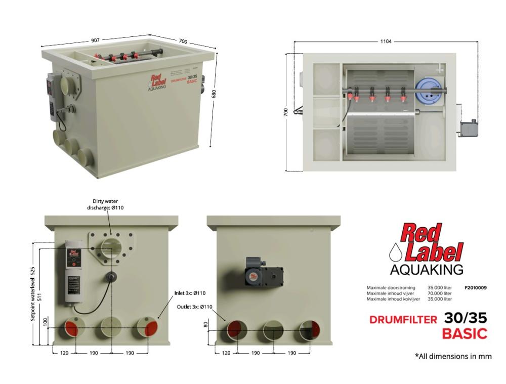 Red Label AquaKing BASIC Drum 30/35 trommelfilter, technische tekening