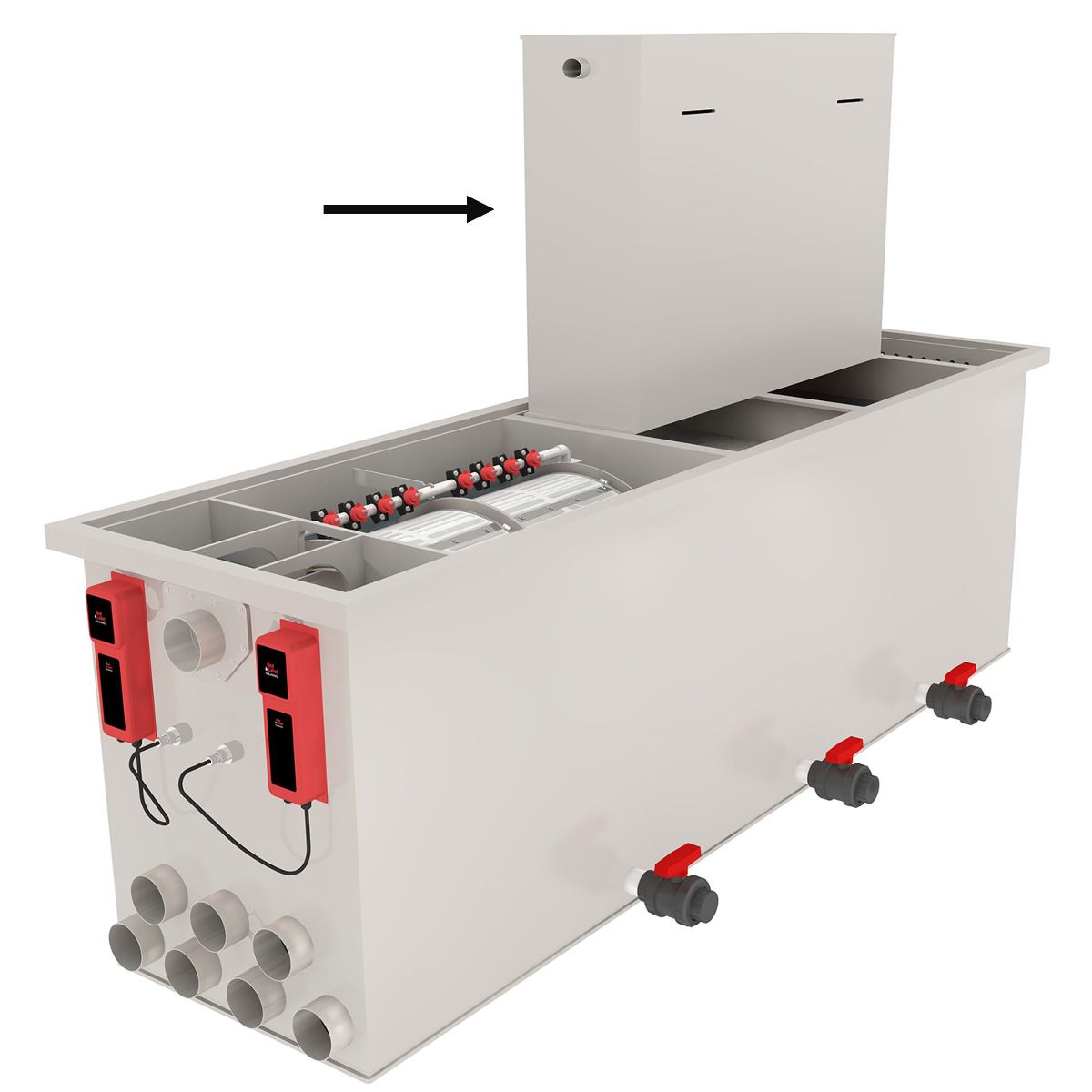 Red Label AquaKing Trickle 80/100 gemonteerd op een combifilter, gesloten inbouwsituatie