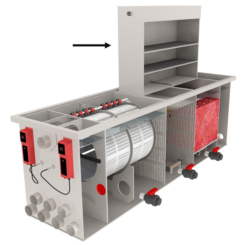 Red Label AquaKing Trickle 80/100 gemonteerd op een combifilter, open inbouwsituatie met zicht op de tricklelagen, afbeelding 2 Tricklefilter