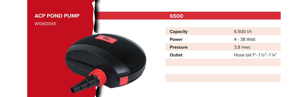 ACP-6500 specificaties: 6.500 l/u, 4 tot 38 W, 3,8 mwk en slangtule voor 1, 1 1/4 en 1 1/2 inch