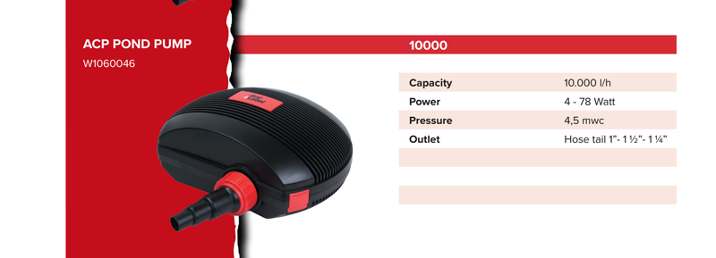 ACP-10000 specificaties: 10.000 l/u, 4 tot 78 W, 4,5 mwk en slangtule voor 1, 1 1/4 en 1 1/2 inch, afbeelding 2 Vijverpomp