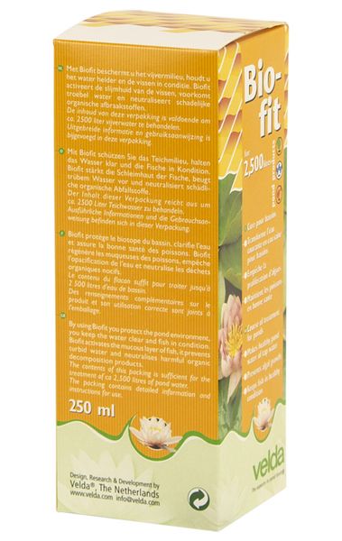 Achterzijde van Velda Biofit 250 ml verpakking met gebruiksinformatie, afbeelding 3 Waterbehandeling