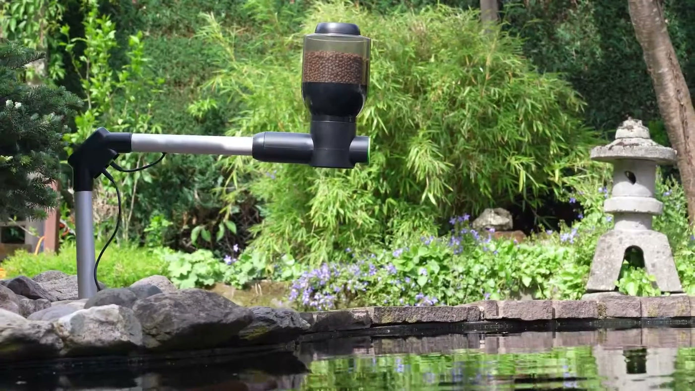 Velda Fish Feeder Easy gemonteerd aan de rand van een vijver